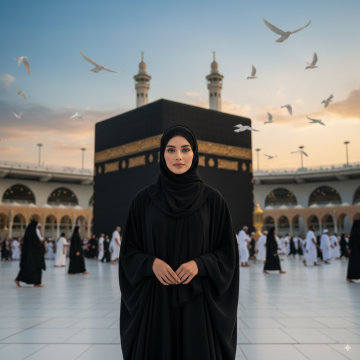 Foto di depan Ka'bah menggunakan Gemini AI.